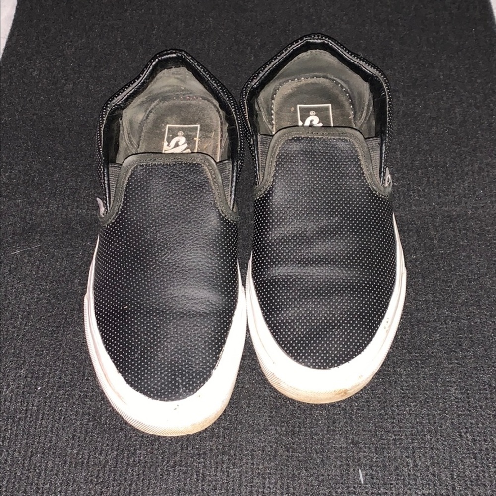 Black faux leather slip on vans